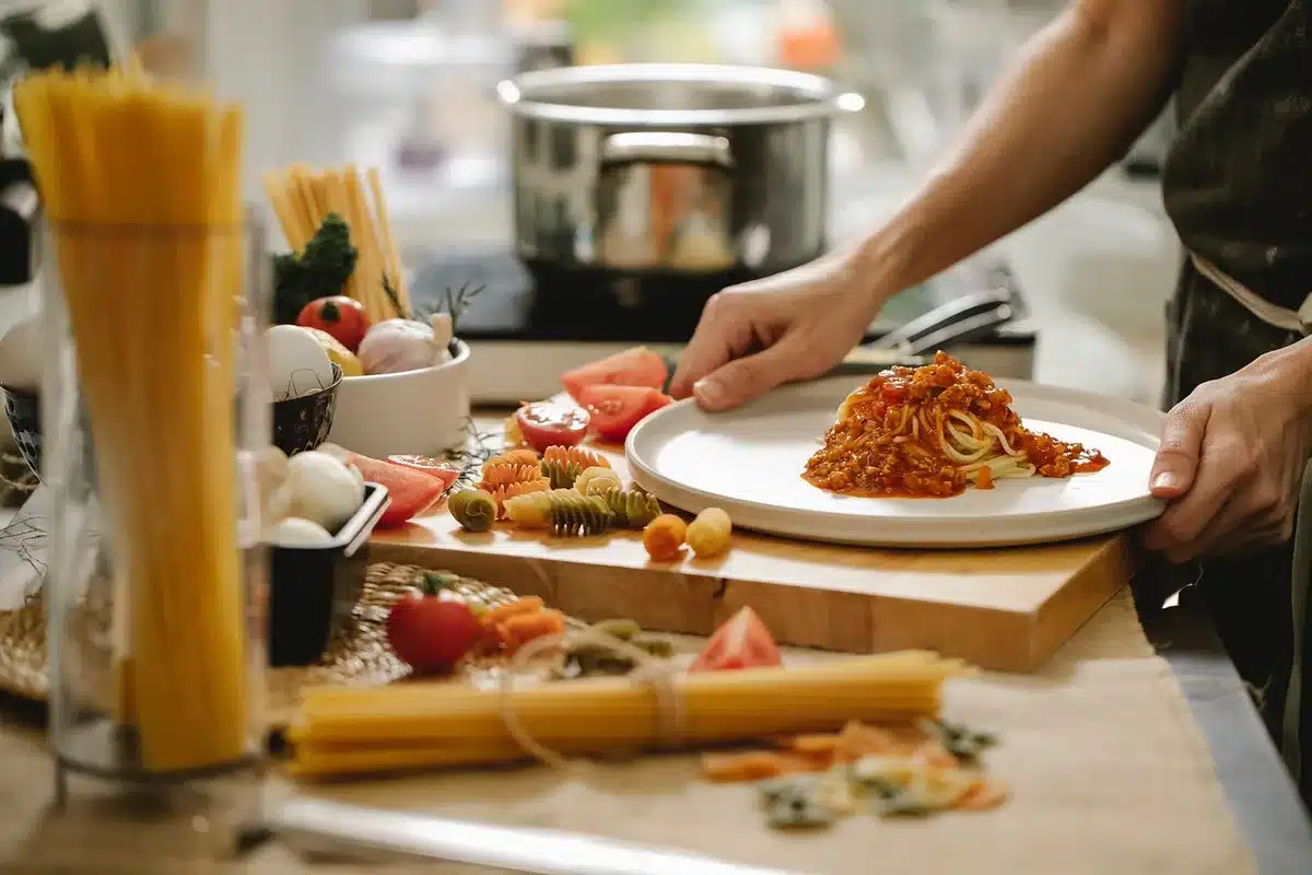 Famille en cuisine avec boîte de viande livrée prête à être cuisinée