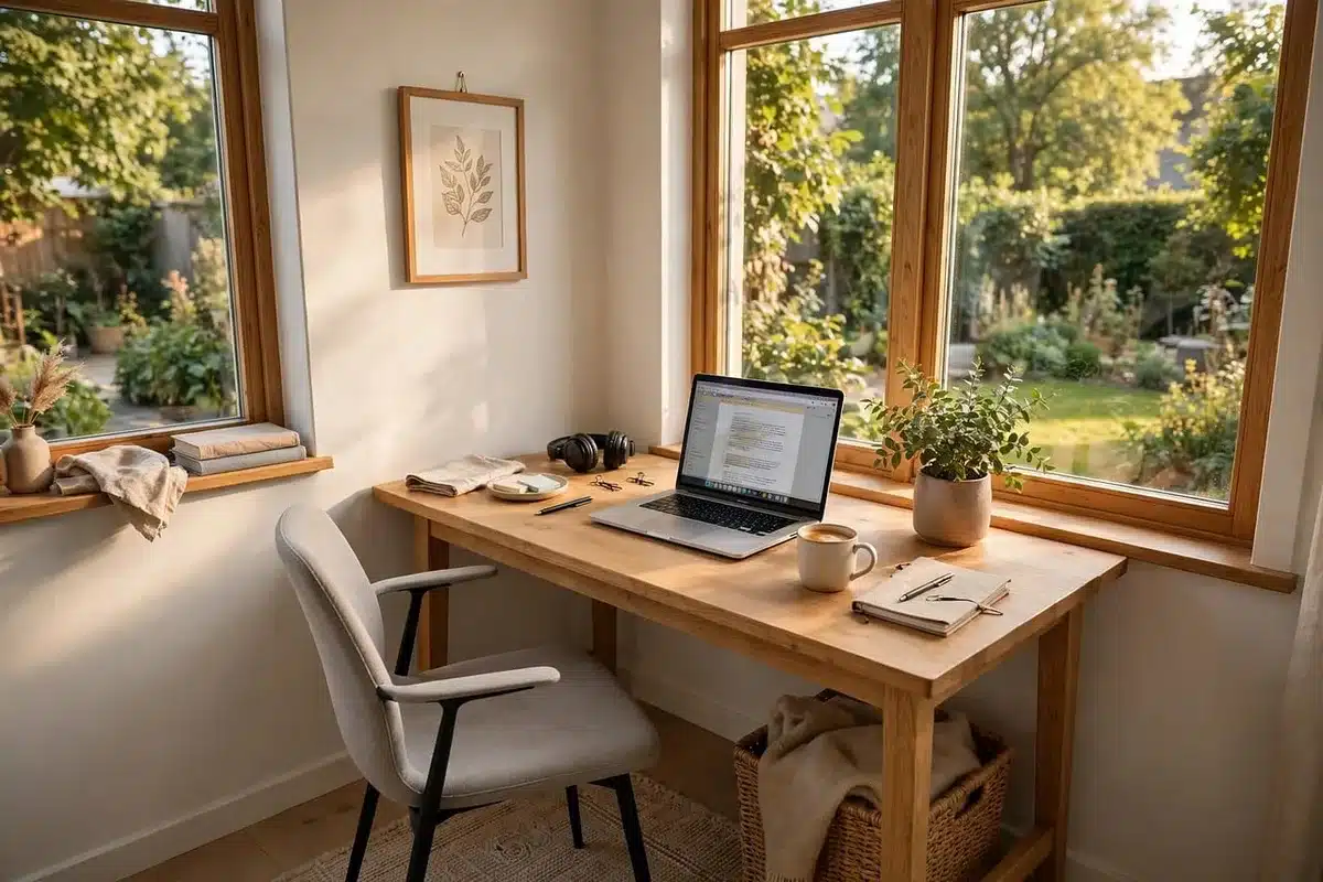 Humidificateur posé sur un bureau près d'une plante en intérieur lumineux