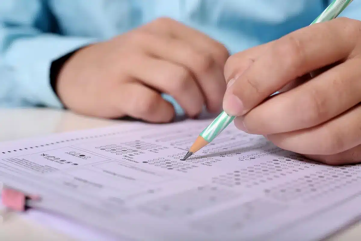 Étudiant(e) concentré(e) sur ses notes à une table d'étude en plein jour